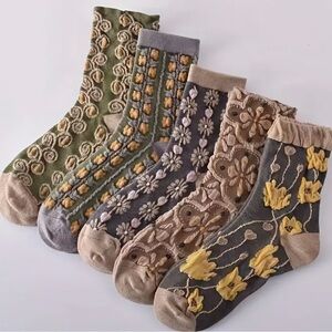 NEW 5 Pairs Floral Socks Set, 3D Textured Cotton Blend Cottagecore
